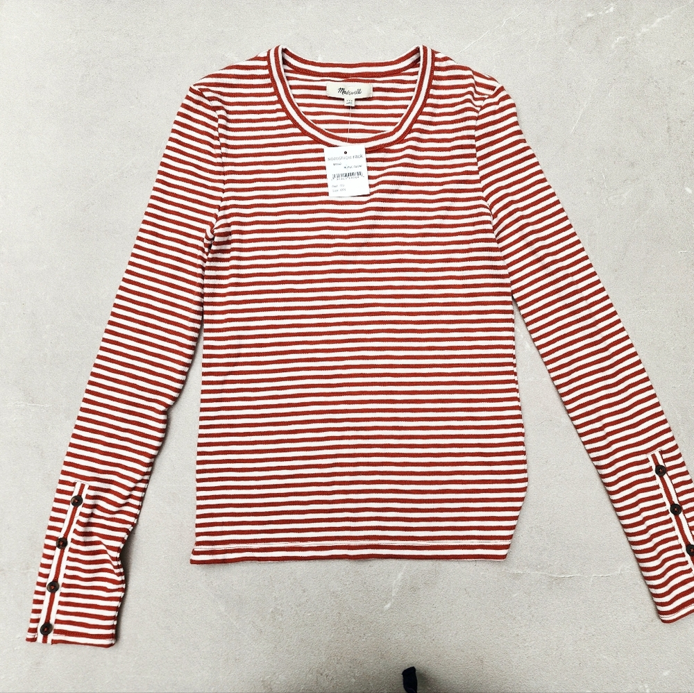 New W/Tag Women Madewell Knit Striped Button Cuff Long Sleeve Shirt Top XXS
